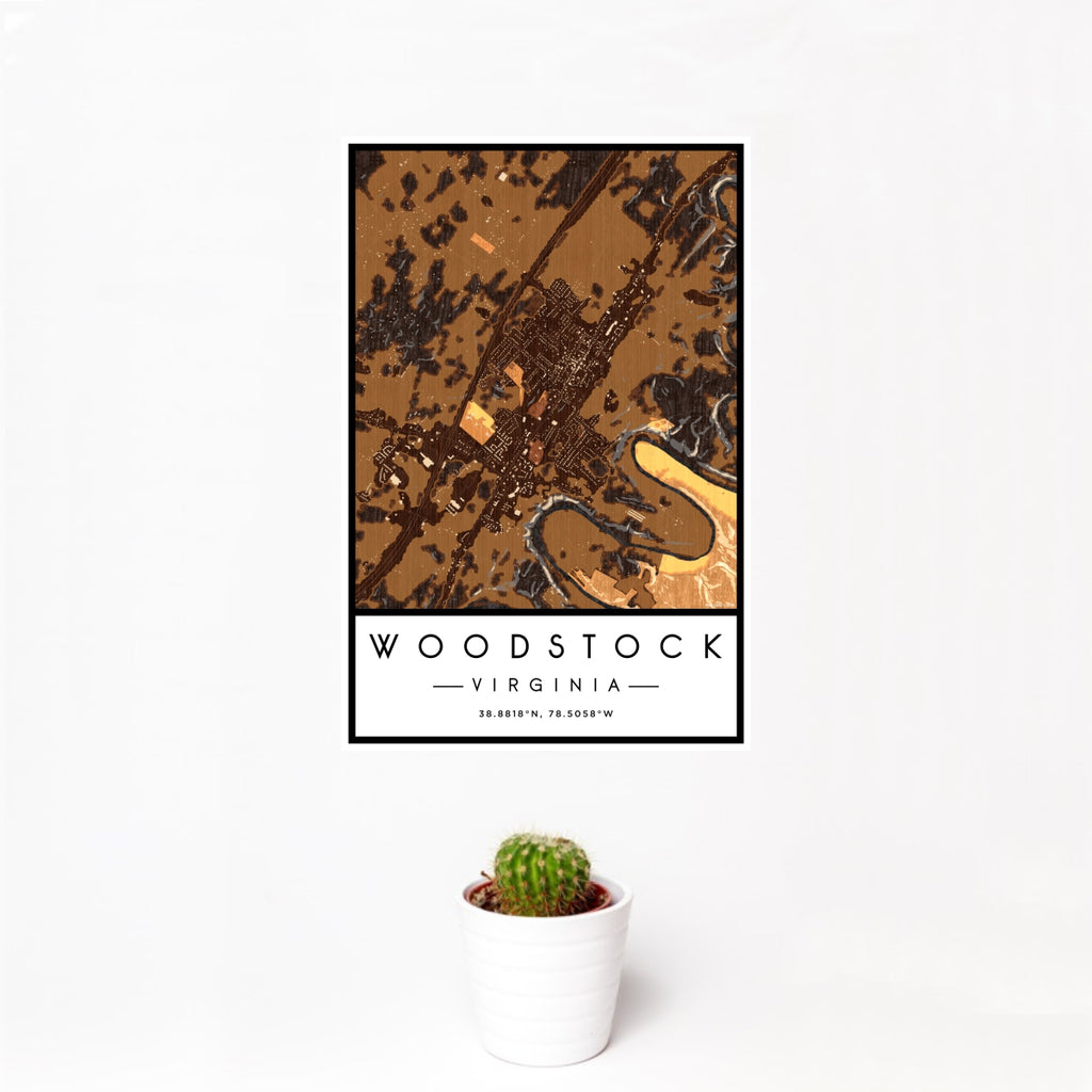 12x18 Woodstock Virginia Map Print Portrait Orientation in Ember Style With Small Cactus Plant in White Planter