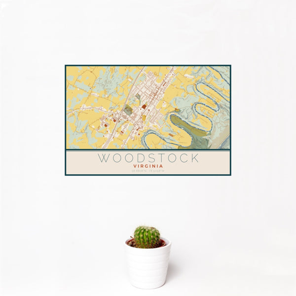 12x18 Woodstock Virginia Map Print Landscape Orientation in Woodblock Style With Small Cactus Plant in White Planter