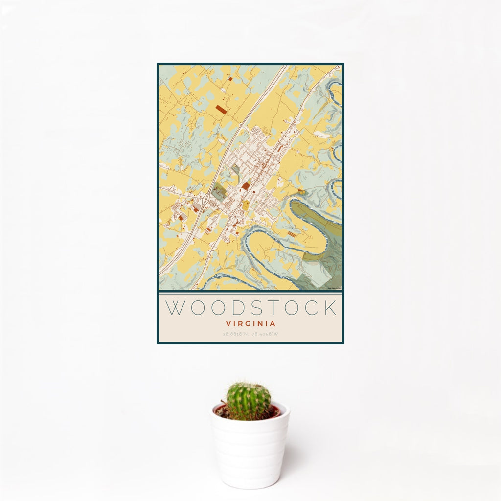 12x18 Woodstock Virginia Map Print Portrait Orientation in Woodblock Style With Small Cactus Plant in White Planter