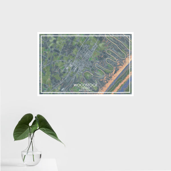 16x24 Woodstock Virginia Map Print Landscape Orientation in Afternoon Style With Tropical Plant Leaves in Water