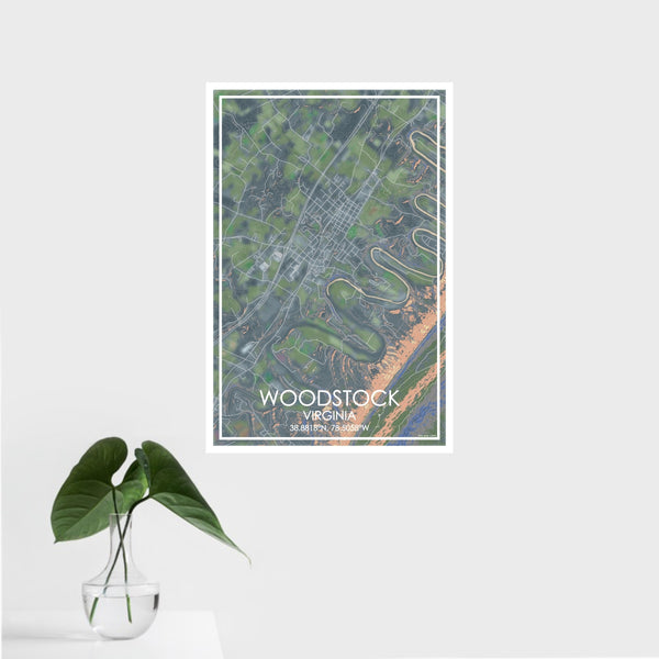 16x24 Woodstock Virginia Map Print Portrait Orientation in Afternoon Style With Tropical Plant Leaves in Water