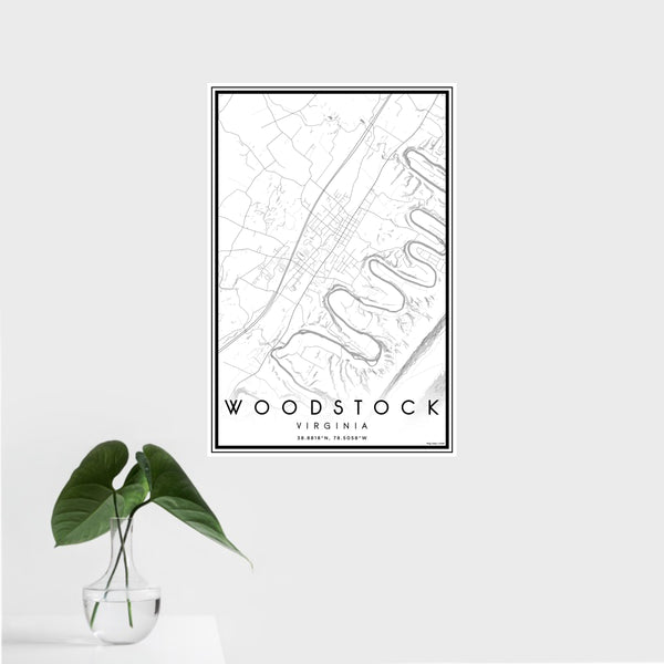 16x24 Woodstock Virginia Map Print Portrait Orientation in Classic Style With Tropical Plant Leaves in Water