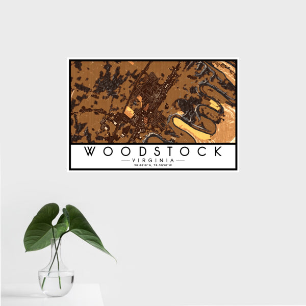 16x24 Woodstock Virginia Map Print Landscape Orientation in Ember Style With Tropical Plant Leaves in Water