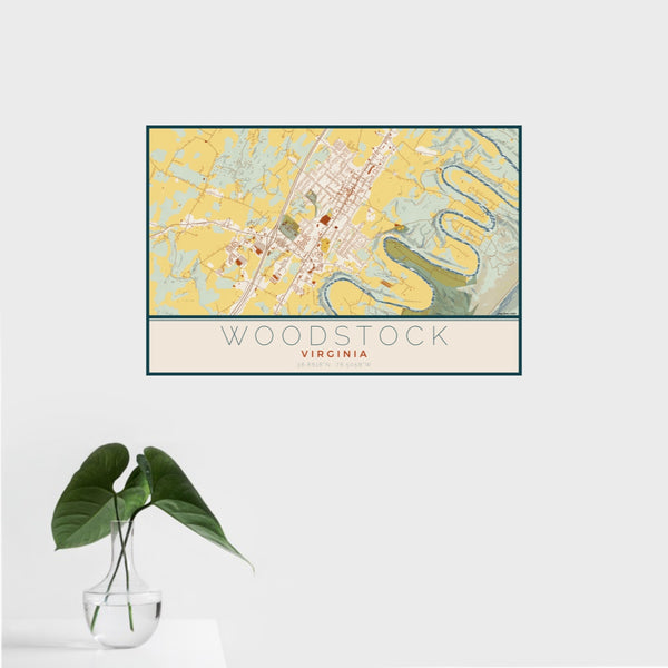 16x24 Woodstock Virginia Map Print Landscape Orientation in Woodblock Style With Tropical Plant Leaves in Water