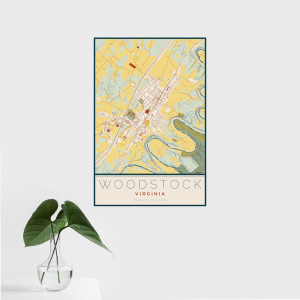 16x24 Woodstock Virginia Map Print Portrait Orientation in Woodblock Style With Tropical Plant Leaves in Water