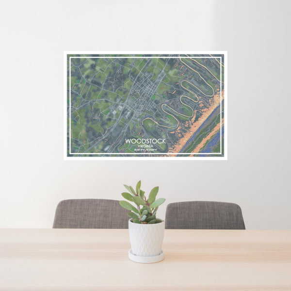 24x36 Woodstock Virginia Map Print Lanscape Orientation in Afternoon Style Behind 2 Chairs Table and Potted Plant