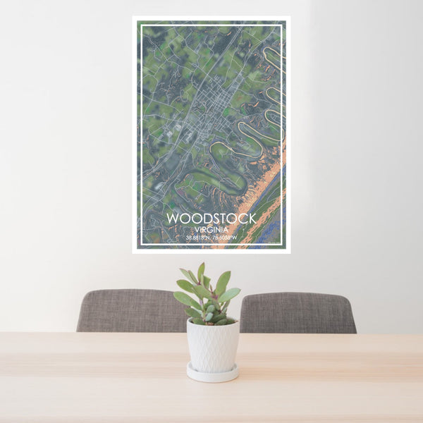 24x36 Woodstock Virginia Map Print Portrait Orientation in Afternoon Style Behind 2 Chairs Table and Potted Plant