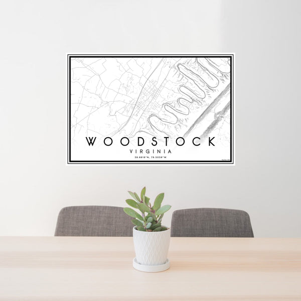 24x36 Woodstock Virginia Map Print Lanscape Orientation in Classic Style Behind 2 Chairs Table and Potted Plant