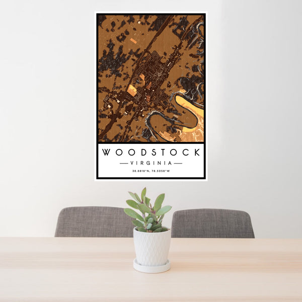 24x36 Woodstock Virginia Map Print Portrait Orientation in Ember Style Behind 2 Chairs Table and Potted Plant
