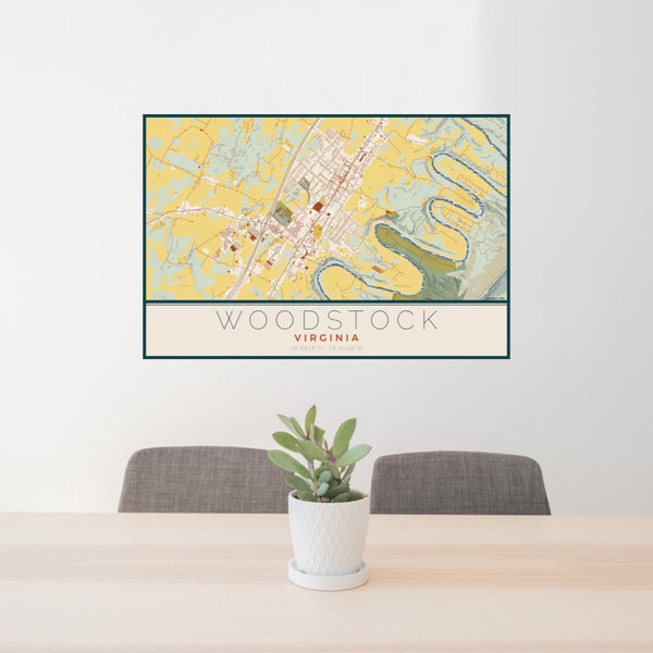 24x36 Woodstock Virginia Map Print Lanscape Orientation in Woodblock Style Behind 2 Chairs Table and Potted Plant