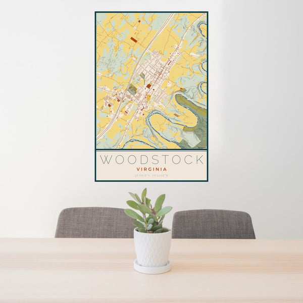 24x36 Woodstock Virginia Map Print Portrait Orientation in Woodblock Style Behind 2 Chairs Table and Potted Plant