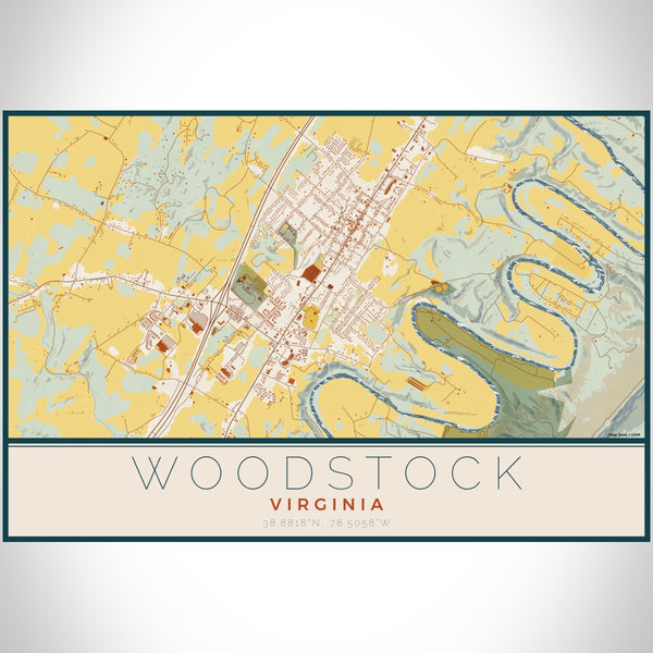 Woodstock Virginia Map Print Landscape Orientation in Woodblock Style With Shaded Background