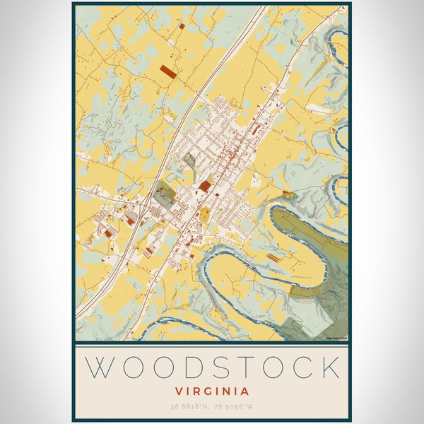 Woodstock Virginia Map Print Portrait Orientation in Woodblock Style With Shaded Background