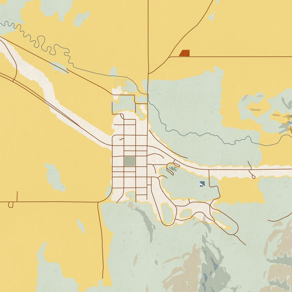 Worley Idaho Map Print in Woodblock Style Zoomed In Close Up Showing Details