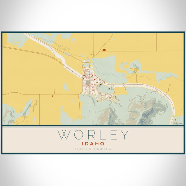 Worley Idaho Map Print Landscape Orientation in Woodblock Style With Shaded Background