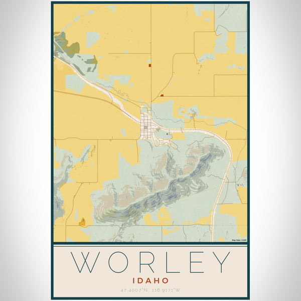 Worley Idaho Map Print Portrait Orientation in Woodblock Style With Shaded Background