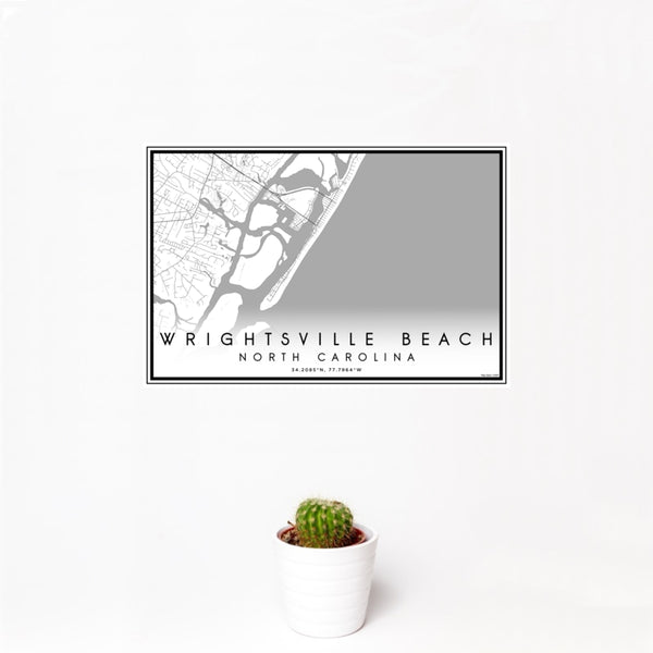 12x18 Wrightsville Beach North Carolina Map Print Landscape Orientation in Classic Style With Small Cactus Plant in White Planter