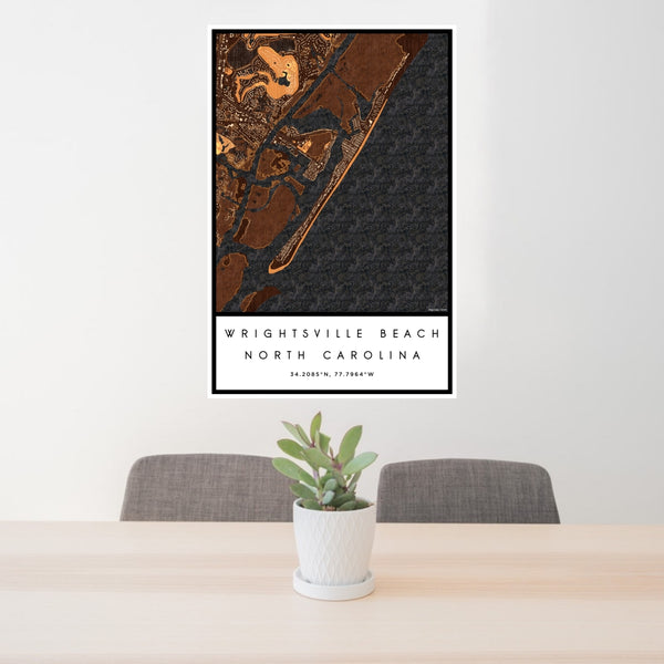 24x36 Wrightsville Beach North Carolina Map Print Portrait Orientation in Ember Style Behind 2 Chairs Table and Potted Plant