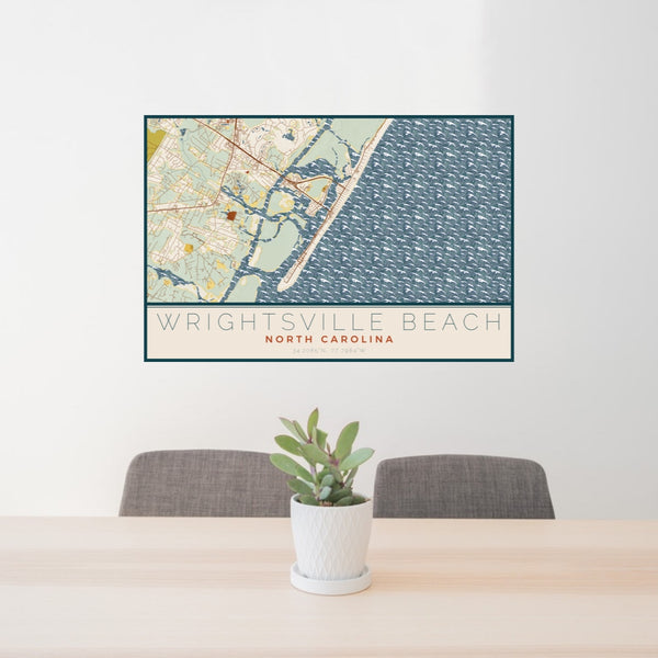 24x36 Wrightsville Beach North Carolina Map Print Lanscape Orientation in Woodblock Style Behind 2 Chairs Table and Potted Plant