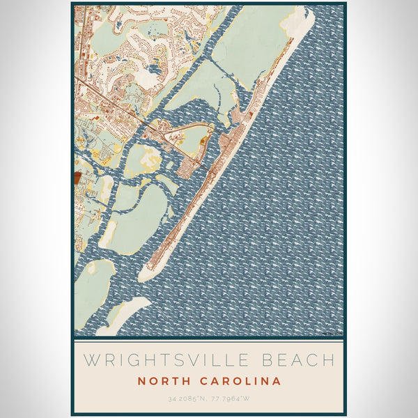 Wrightsville Beach North Carolina Map Print Portrait Orientation in Woodblock Style With Shaded Background