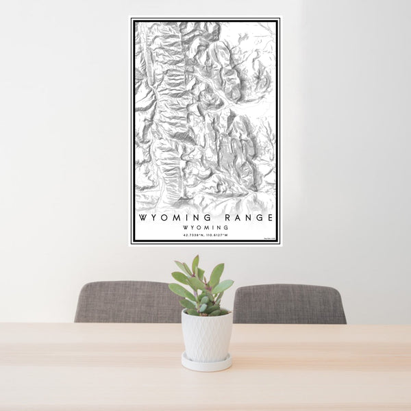 24x36 Wyoming Range Wyoming Map Print Portrait Orientation in Classic Style Behind 2 Chairs Table and Potted Plant