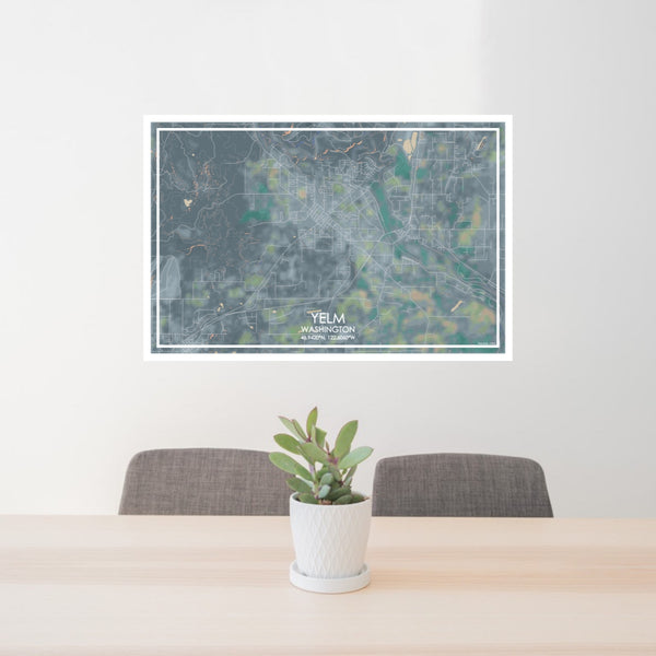 24x36 Yelm Washington Map Print Lanscape Orientation in Afternoon Style Behind 2 Chairs Table and Potted Plant