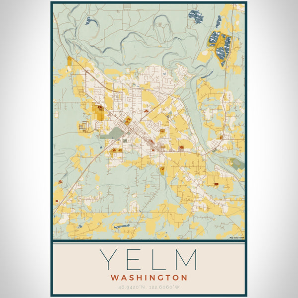 Yelm Washington Map Print Portrait Orientation in Woodblock Style With Shaded Background