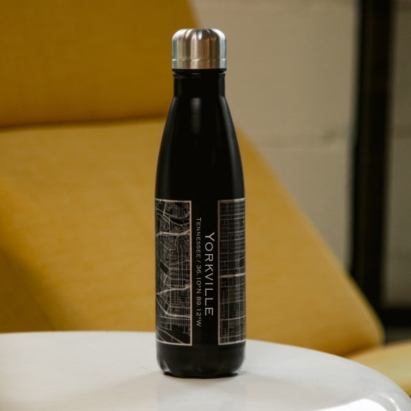 Yorkville Tennessee Custom Engraved City Map Inscription Coordinates on 17oz Stainless Steel Insulated Cola Bottle in Black