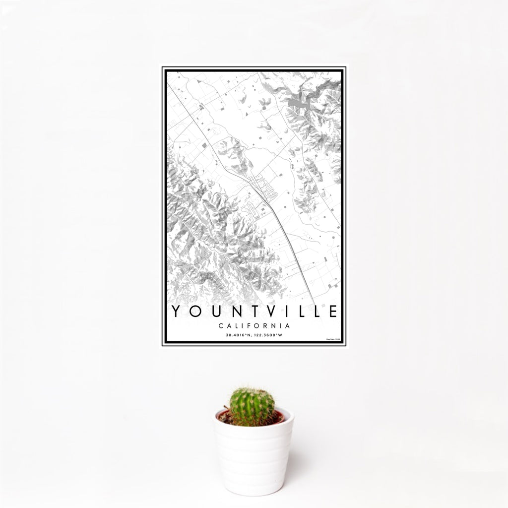 12x18 Yountville California Map Print Portrait Orientation in Classic Style With Small Cactus Plant in White Planter