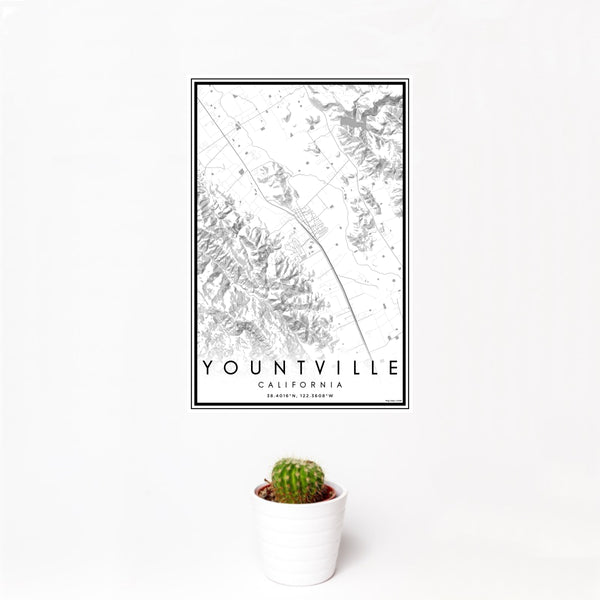 12x18 Yountville California Map Print Portrait Orientation in Classic Style With Small Cactus Plant in White Planter