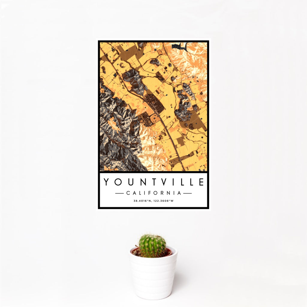 12x18 Yountville California Map Print Portrait Orientation in Ember Style With Small Cactus Plant in White Planter