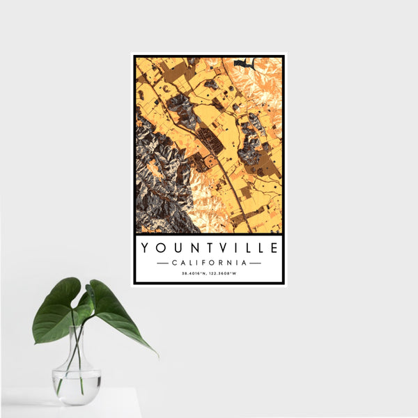 16x24 Yountville California Map Print Portrait Orientation in Ember Style With Tropical Plant Leaves in Water