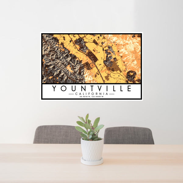 24x36 Yountville California Map Print Lanscape Orientation in Ember Style Behind 2 Chairs Table and Potted Plant