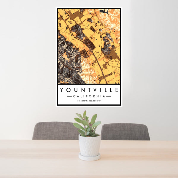 24x36 Yountville California Map Print Portrait Orientation in Ember Style Behind 2 Chairs Table and Potted Plant