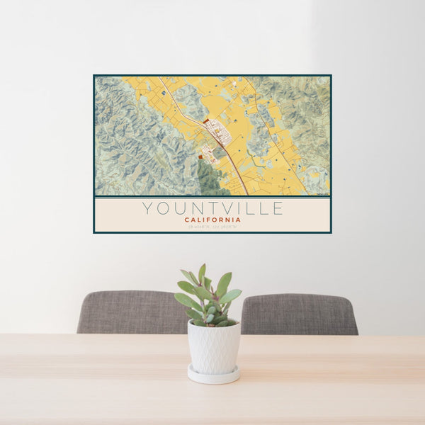 24x36 Yountville California Map Print Lanscape Orientation in Woodblock Style Behind 2 Chairs Table and Potted Plant