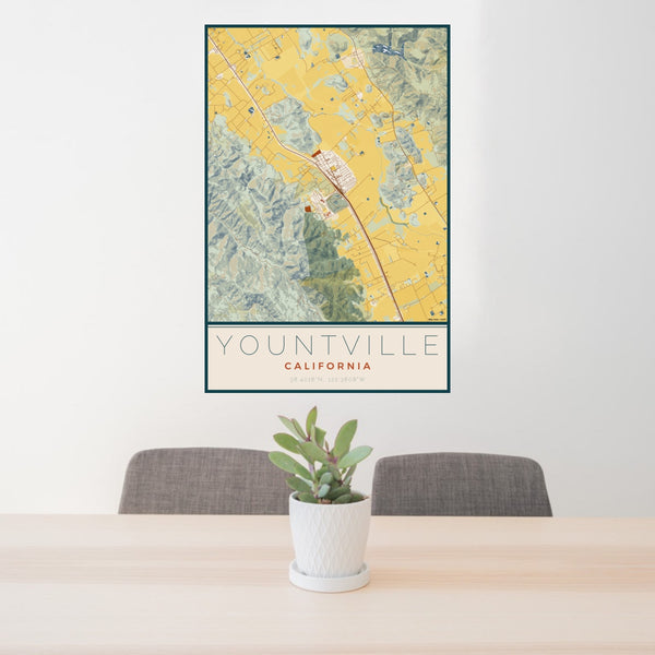 24x36 Yountville California Map Print Portrait Orientation in Woodblock Style Behind 2 Chairs Table and Potted Plant