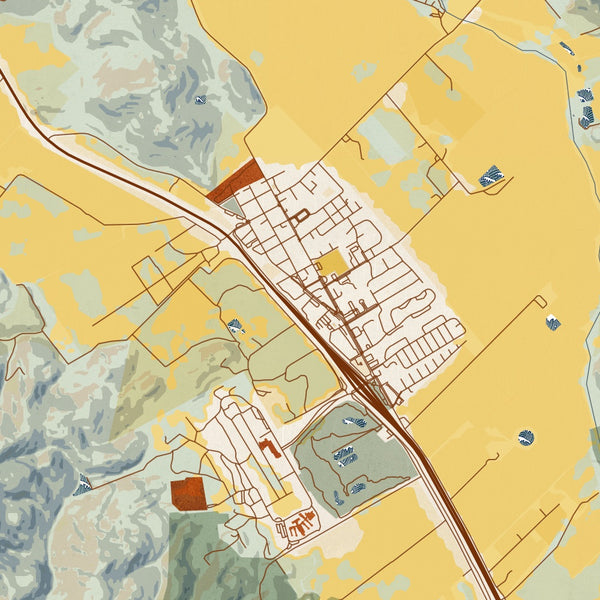 Yountville California Map Print in Woodblock Style Zoomed In Close Up Showing Details