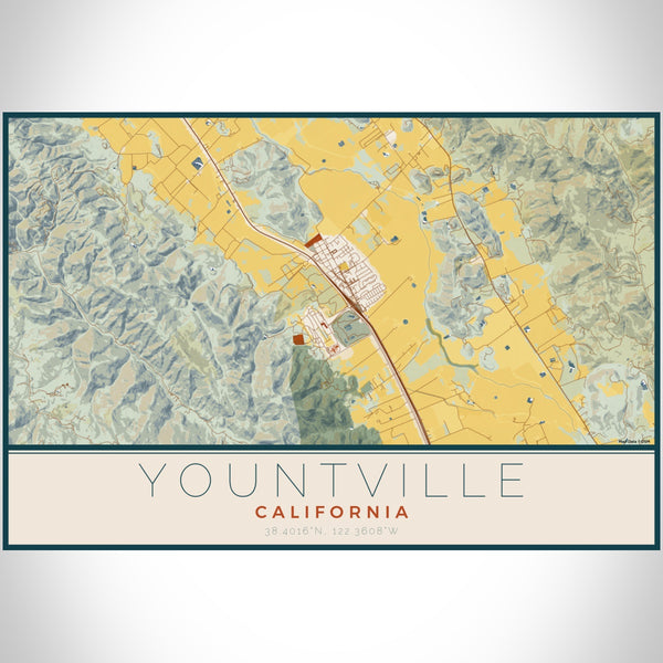 Yountville California Map Print Landscape Orientation in Woodblock Style With Shaded Background