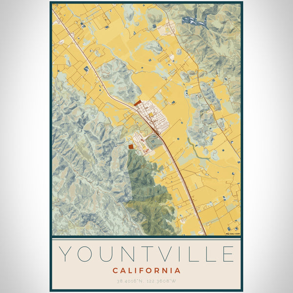 Yountville California Map Print Portrait Orientation in Woodblock Style With Shaded Background
