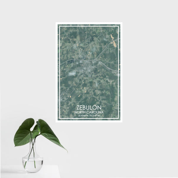 16x24 Zebulon North Carolina Map Print Portrait Orientation in Afternoon Style With Tropical Plant Leaves in Water