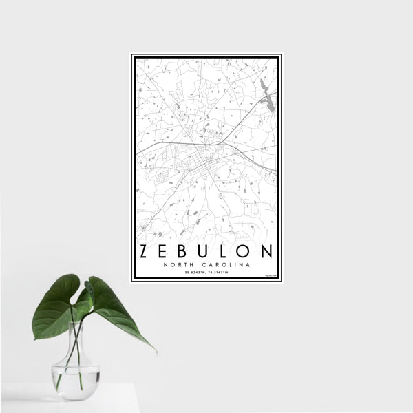 16x24 Zebulon North Carolina Map Print Portrait Orientation in Classic Style With Tropical Plant Leaves in Water