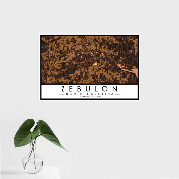 16x24 Zebulon North Carolina Map Print Landscape Orientation in Ember Style With Tropical Plant Leaves in Water