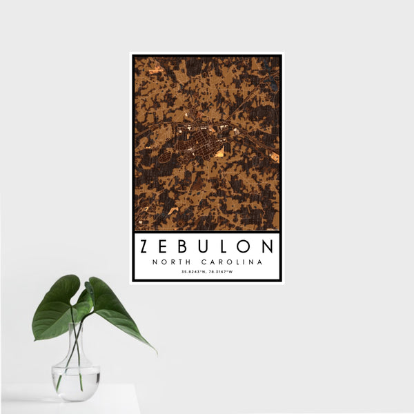16x24 Zebulon North Carolina Map Print Portrait Orientation in Ember Style With Tropical Plant Leaves in Water