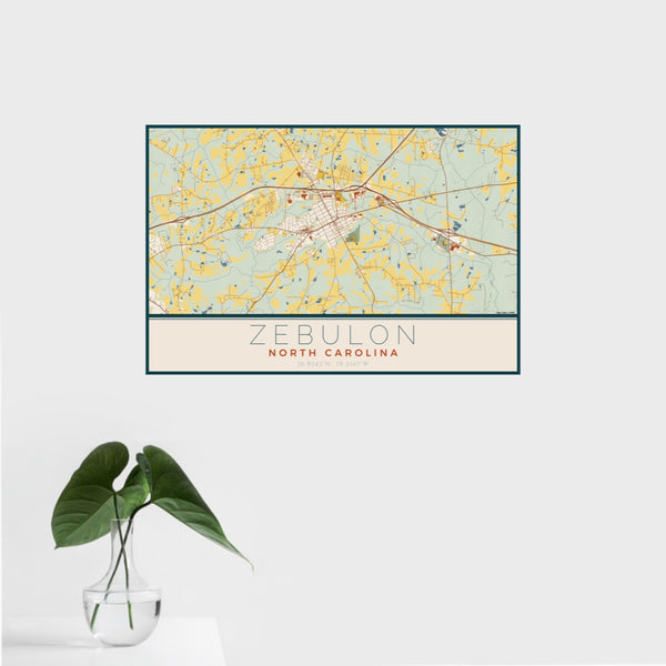 16x24 Zebulon North Carolina Map Print Landscape Orientation in Woodblock Style With Tropical Plant Leaves in Water