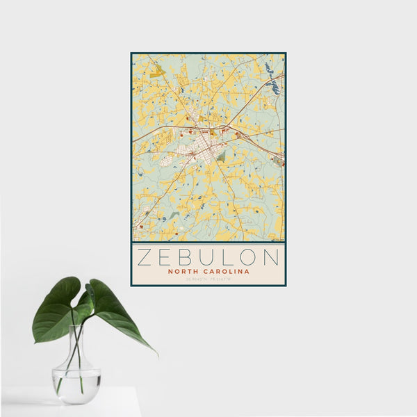 16x24 Zebulon North Carolina Map Print Portrait Orientation in Woodblock Style With Tropical Plant Leaves in Water