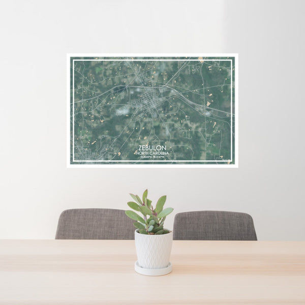 24x36 Zebulon North Carolina Map Print Lanscape Orientation in Afternoon Style Behind 2 Chairs Table and Potted Plant