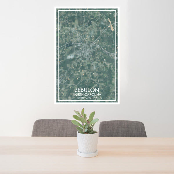 24x36 Zebulon North Carolina Map Print Portrait Orientation in Afternoon Style Behind 2 Chairs Table and Potted Plant