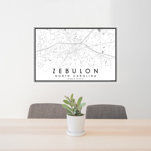 24x36 Zebulon North Carolina Map Print Lanscape Orientation in Classic Style Behind 2 Chairs Table and Potted Plant