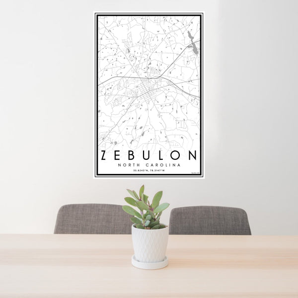 24x36 Zebulon North Carolina Map Print Portrait Orientation in Classic Style Behind 2 Chairs Table and Potted Plant