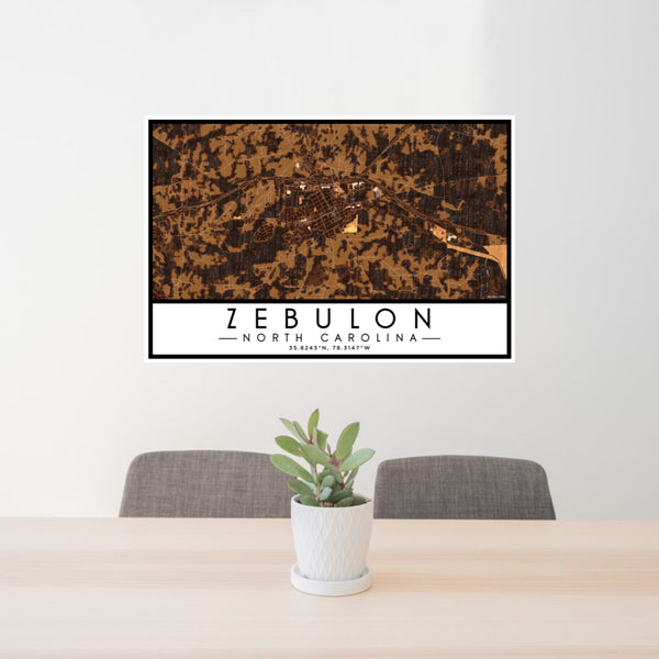 24x36 Zebulon North Carolina Map Print Lanscape Orientation in Ember Style Behind 2 Chairs Table and Potted Plant